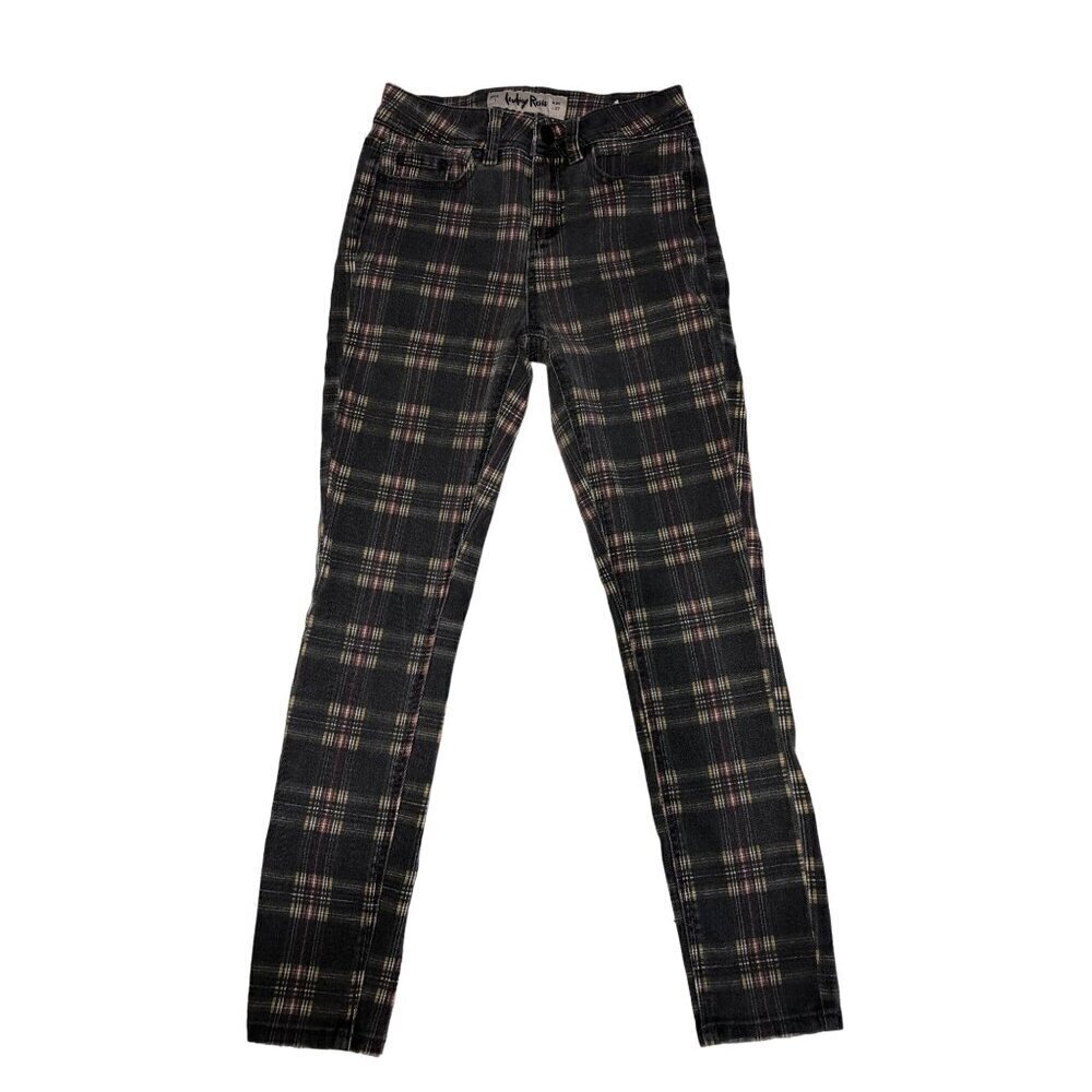 Indigo Rein Womens Plaid Skinny Jeans Size 1 or 25 Black Red Stretch Faded Wash